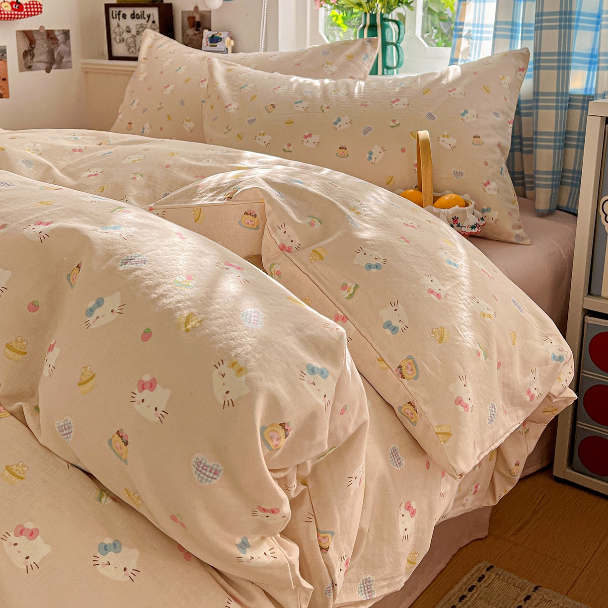 91家纺网 家纺一手货源 找家纺 焱博家纺 2026新款A类全棉双层纱系列四件套 月铃喵喵