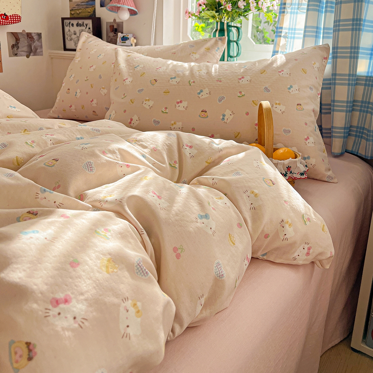 91家纺网 家纺一手货源 找家纺 焱博家纺 2026新款A类全棉双层纱系列四件套 月铃喵喵