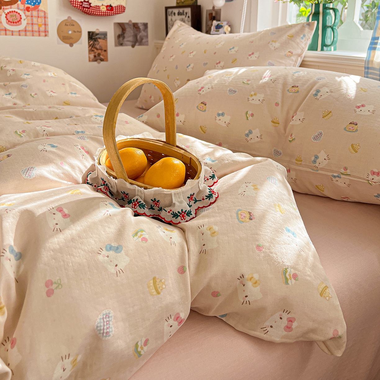 91家纺网 家纺一手货源 找家纺 焱博家纺 2026新款A类全棉双层纱系列四件套 月铃喵喵