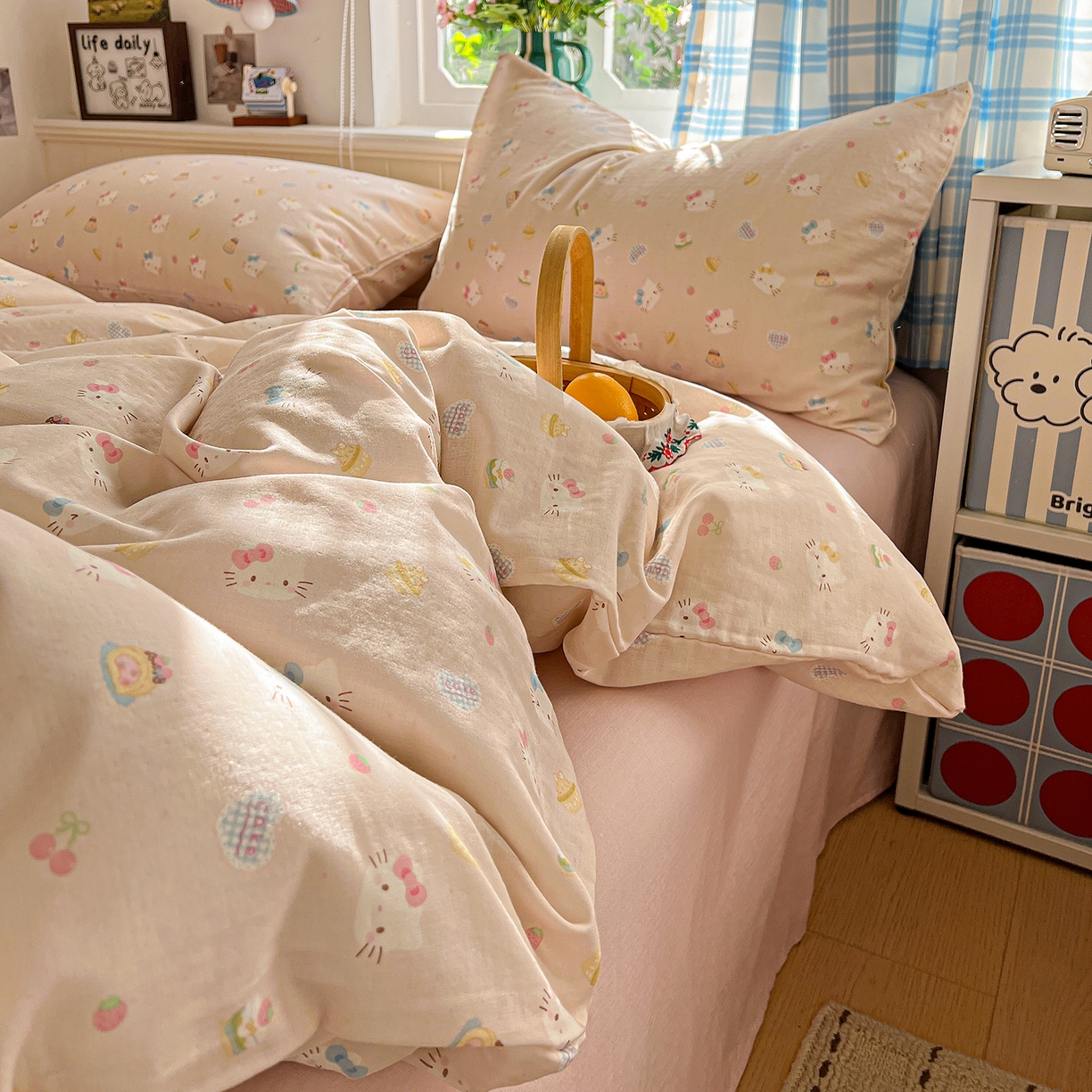 91家纺网 家纺一手货源 找家纺 焱博家纺 2026新款A类全棉双层纱系列四件套 月铃喵喵