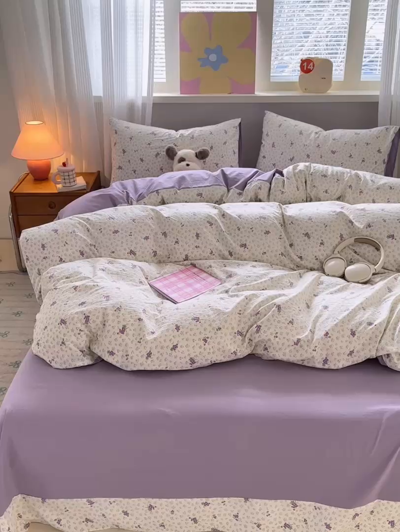 91家纺网 家纺一手货源 找家纺 德比尔斯  2026新款古法水洗仿棉云感棉小布袋四件套 葡萄