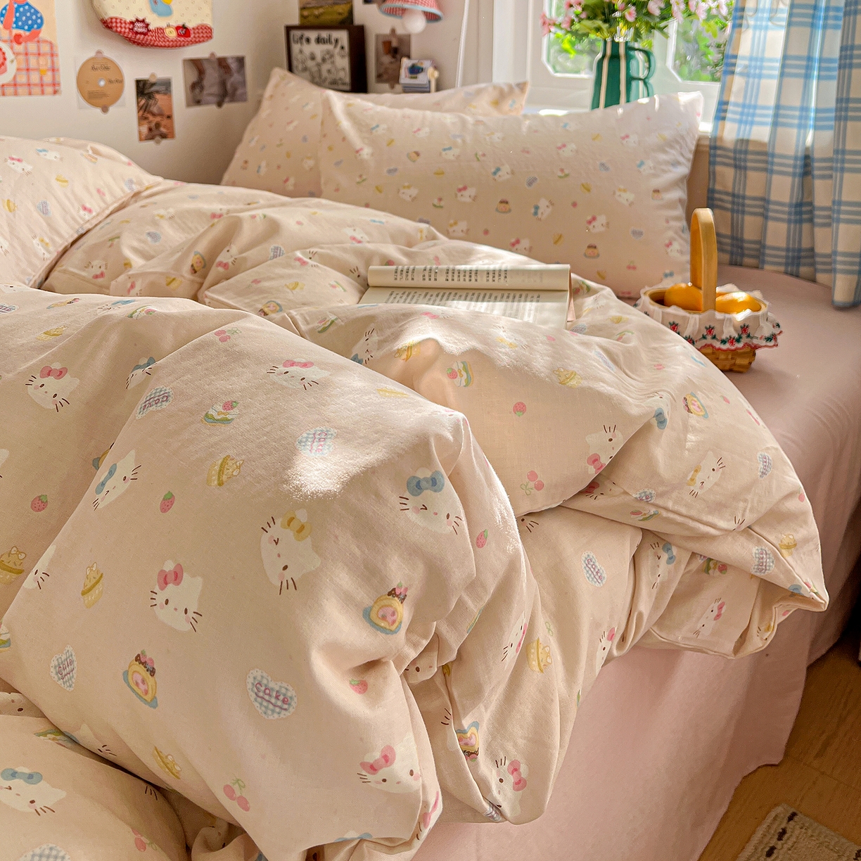 91家纺网 家纺一手货源 找家纺 焱博家纺 2026新款A类全棉双层纱系列四件套 月铃喵喵