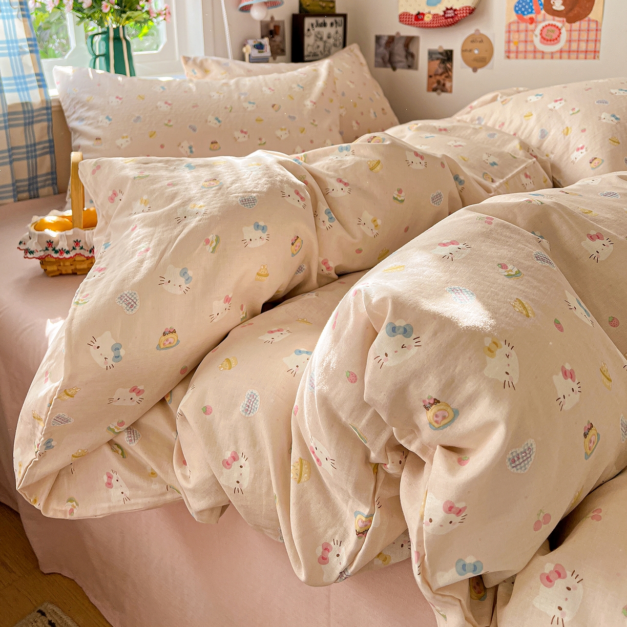 91家纺网 家纺一手货源 找家纺 焱博家纺 2026新款A类全棉双层纱系列四件套 月铃喵喵