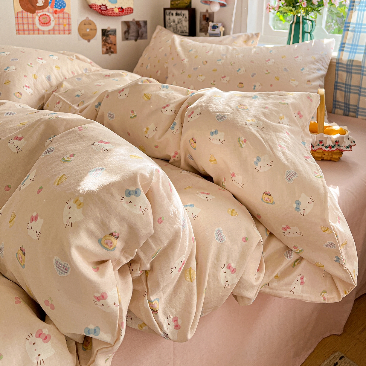 91家纺网 家纺一手货源 找家纺 焱博家纺 2026新款A类全棉双层纱系列四件套 月铃喵喵