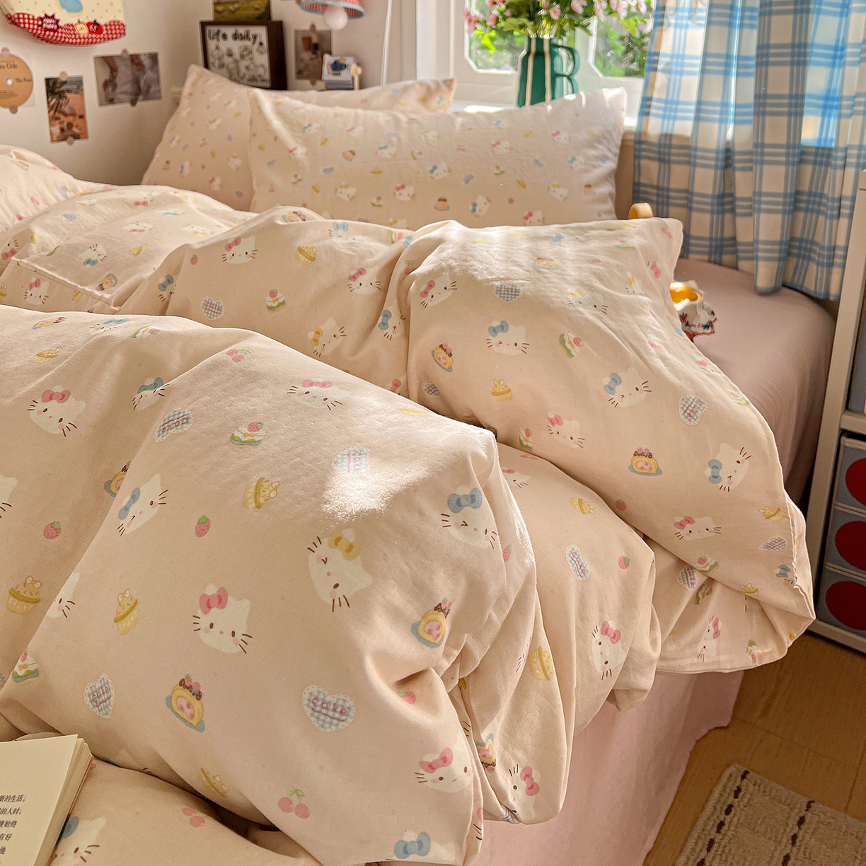 91家纺网 家纺一手货源 找家纺 焱博家纺 2026新款A类全棉双层纱系列四件套 月铃喵喵