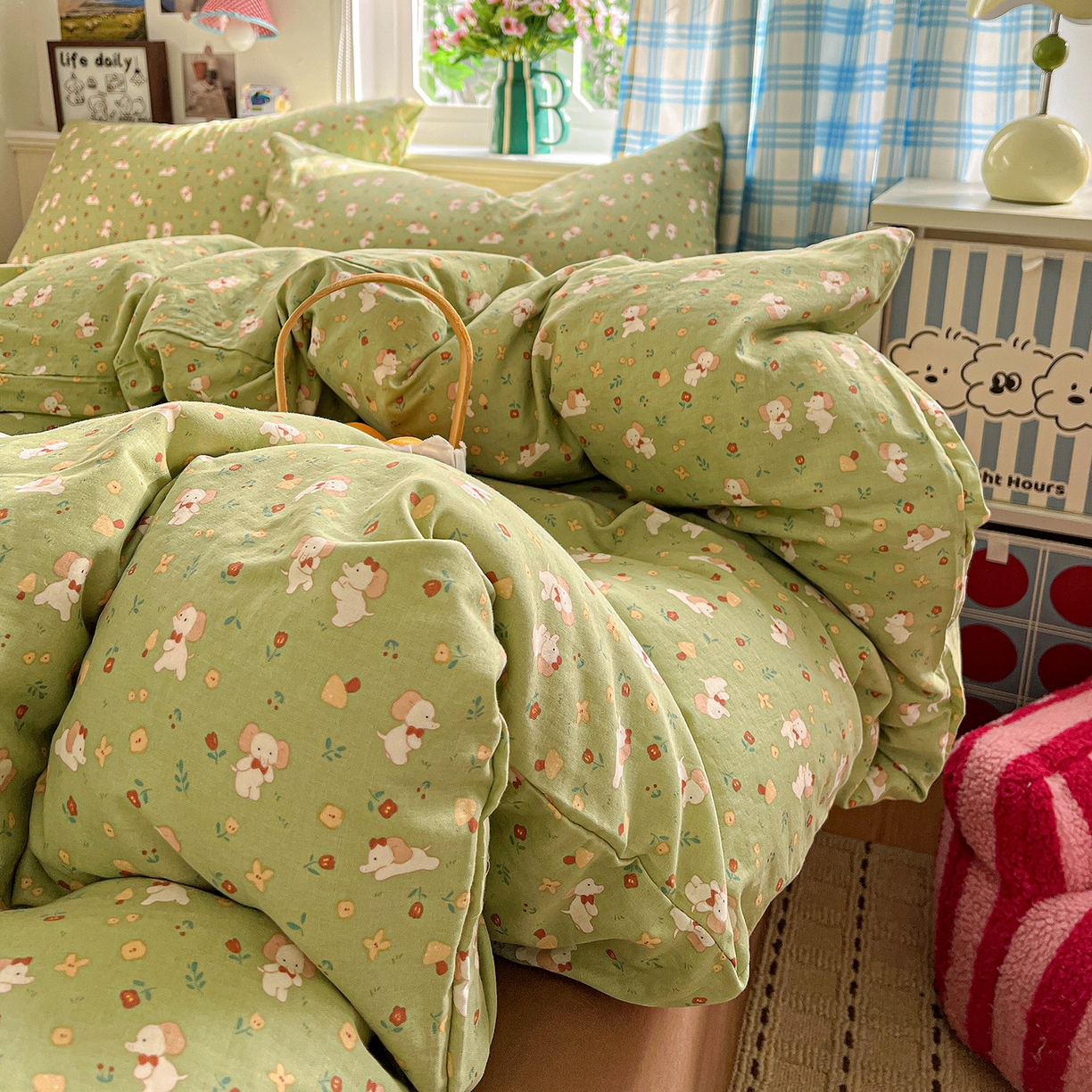 91家纺网 家纺一手货源 找家纺 焱博家纺 2026新款A类全棉双层纱系列四件套 长鼻子花园