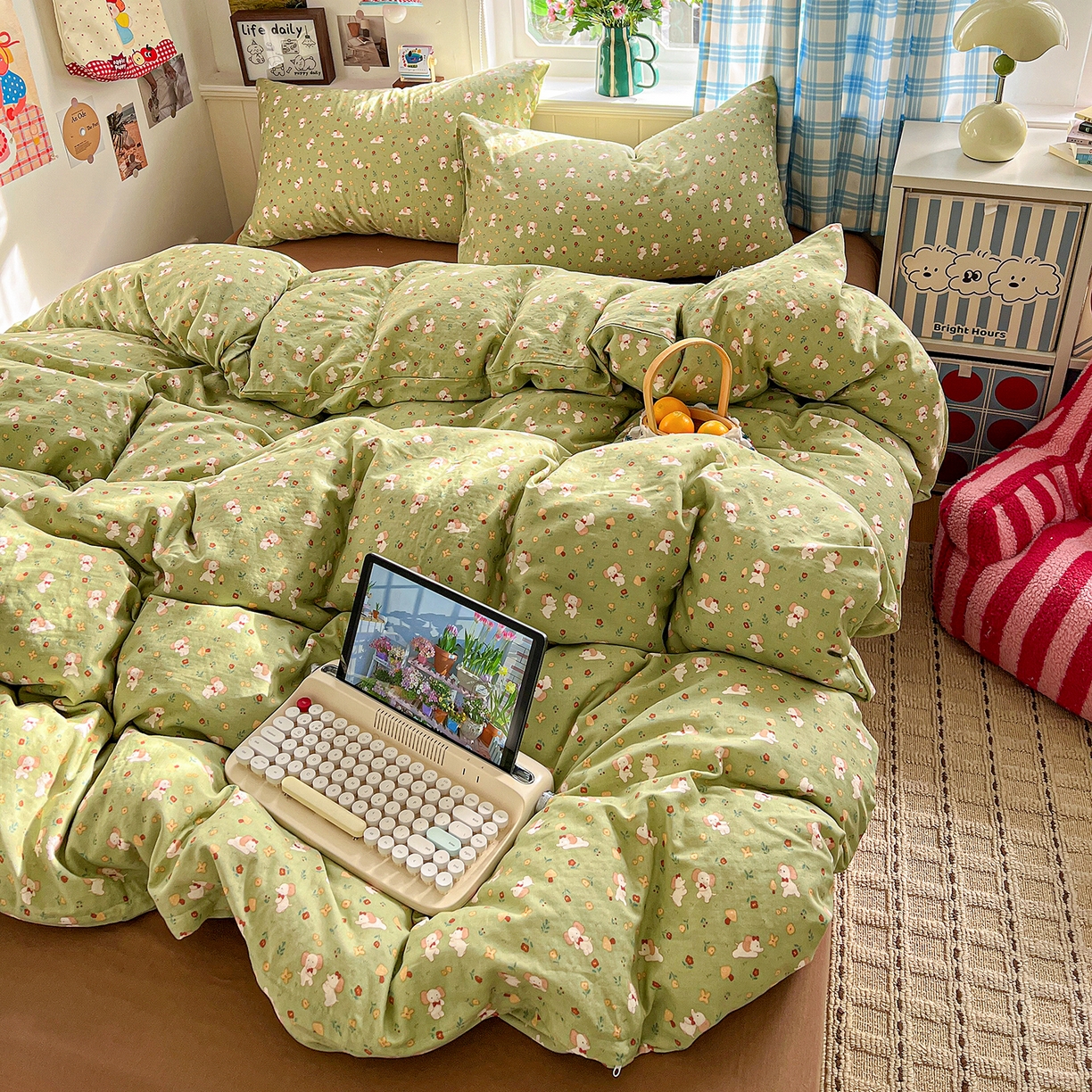 91家纺网 家纺一手货源 找家纺 焱博家纺 2026新款A类全棉双层纱系列四件套 长鼻子花园