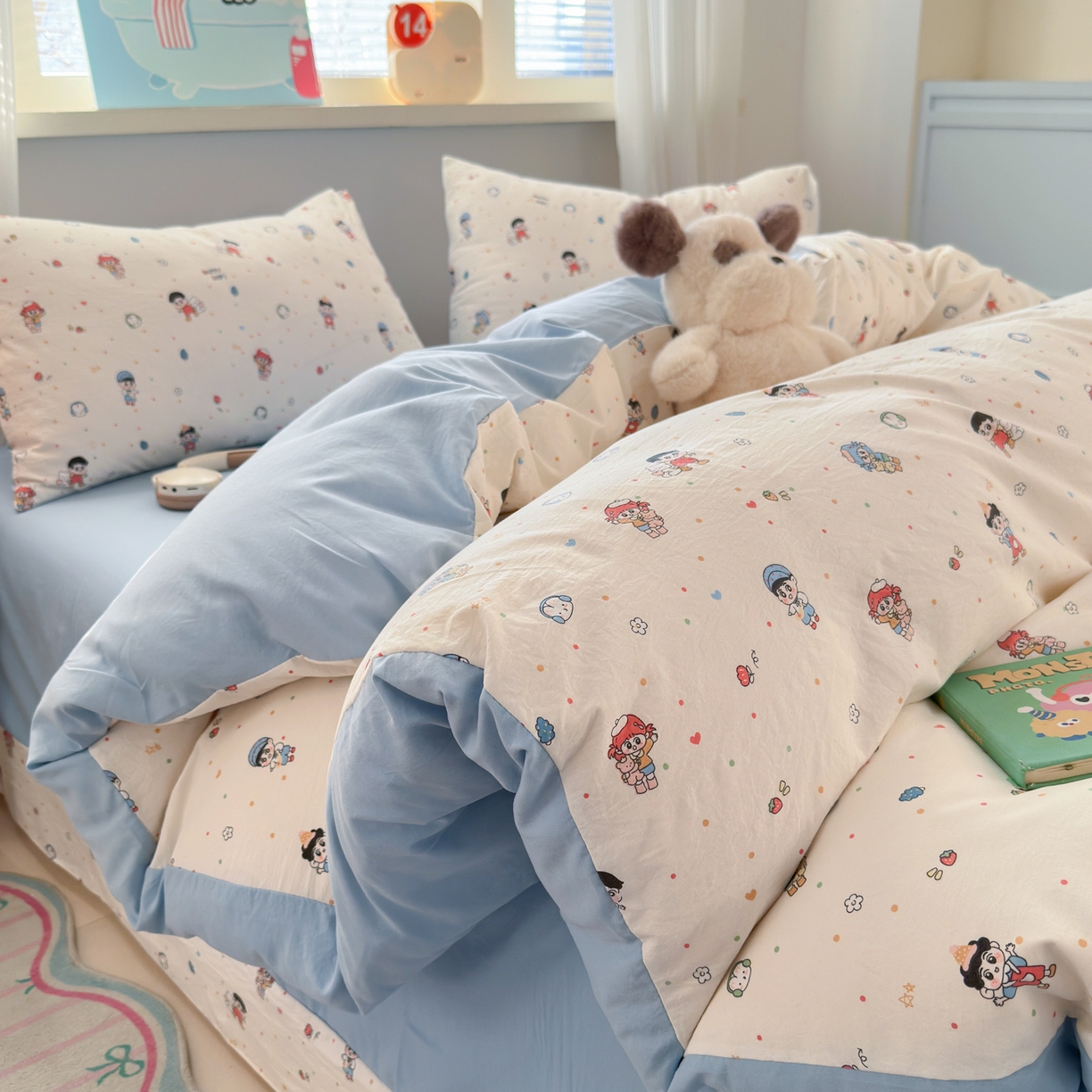 91家纺网 家纺一手货源 找家纺 德比尔斯  2026新款古法水洗仿棉云感棉小布袋四件套 童趣