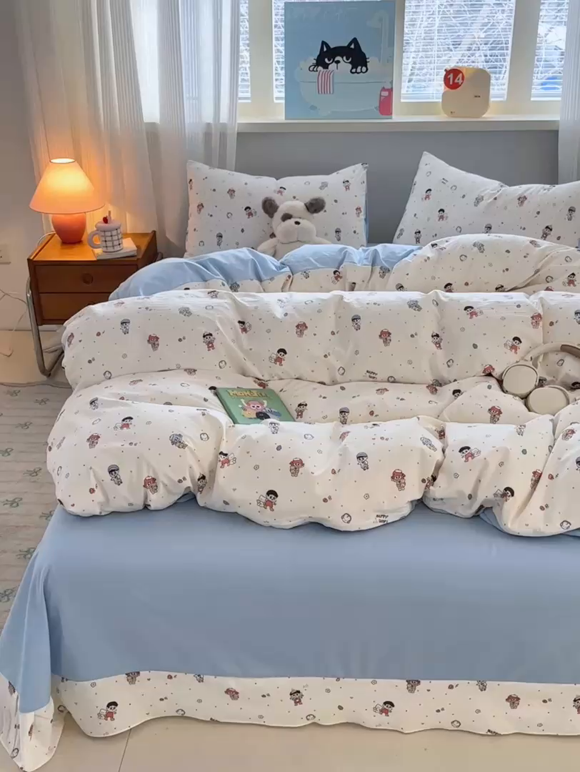 91家纺网 家纺一手货源 找家纺 德比尔斯  2026新款古法水洗仿棉云感棉小布袋四件套 童趣