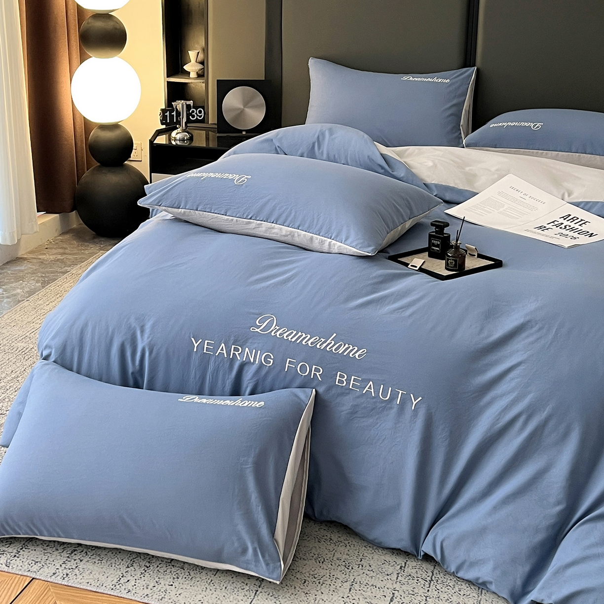 91家纺网 家纺一手货源 找家纺 （总）鑫利来家纺 2026新款古法仿棉水洗棉刺绣四件套纯色双拼水洗云朵棉磨毛简约字母刺绣四件套