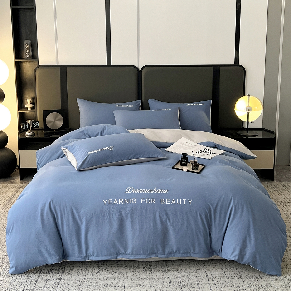 91家纺网 家纺一手货源 找家纺 （总）鑫利来家纺 2026新款古法仿棉水洗棉刺绣四件套纯色双拼水洗云朵棉磨毛简约字母刺绣四件套