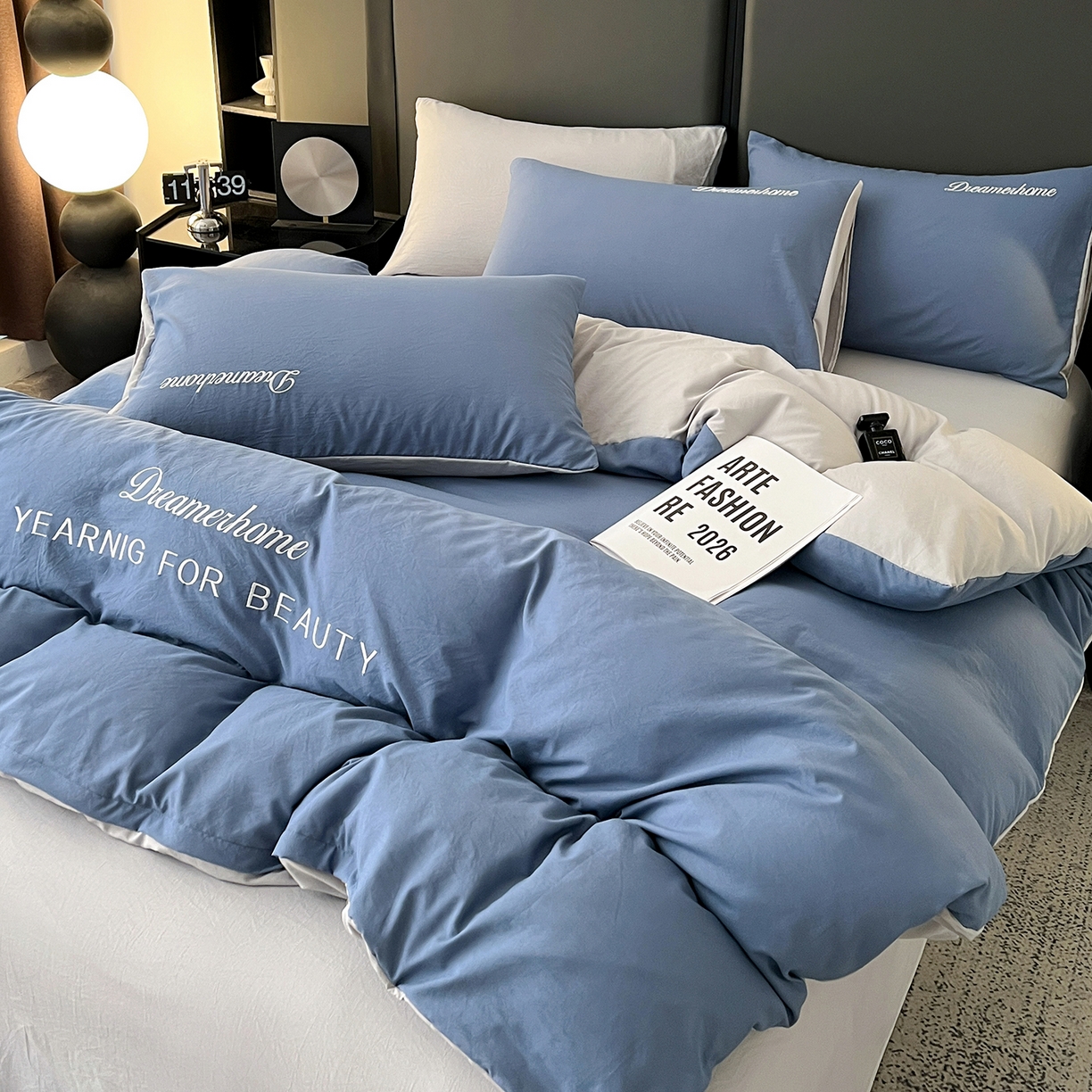 91家纺网 家纺一手货源 找家纺 （总）鑫利来家纺 2026新款古法仿棉水洗棉刺绣四件套纯色双拼水洗云朵棉磨毛简约字母刺绣四件套