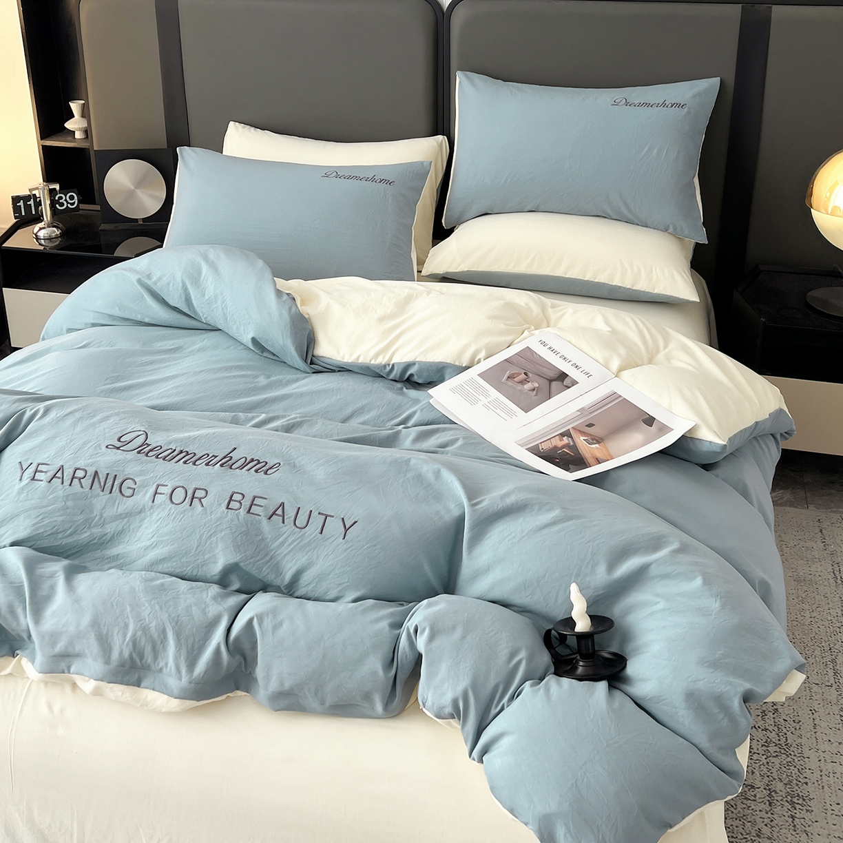 91家纺网 家纺一手货源 找家纺 鑫利来家纺 2026新款水洗云朵棉刺绣四件套纯色双拼水洗磨毛简约字母刺绣四件套 慕斯-海清+奶白