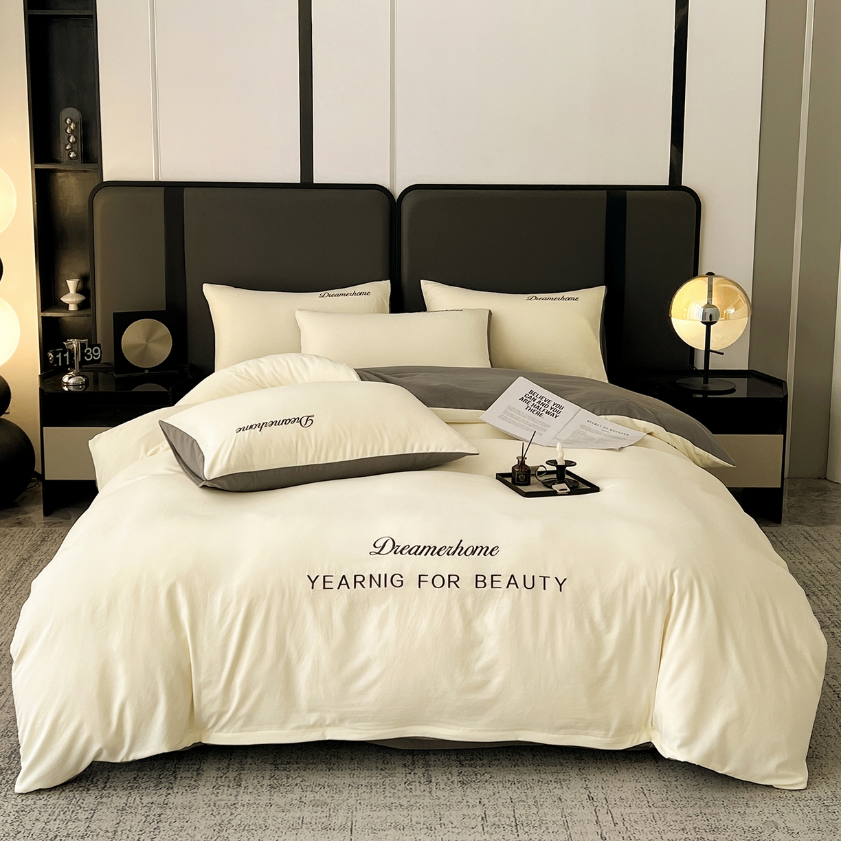 鑫利来家纺 2026新款水洗云朵棉刺绣四件套纯色双拼水洗磨毛简约字母刺绣四件套 慕斯-奶白+中灰