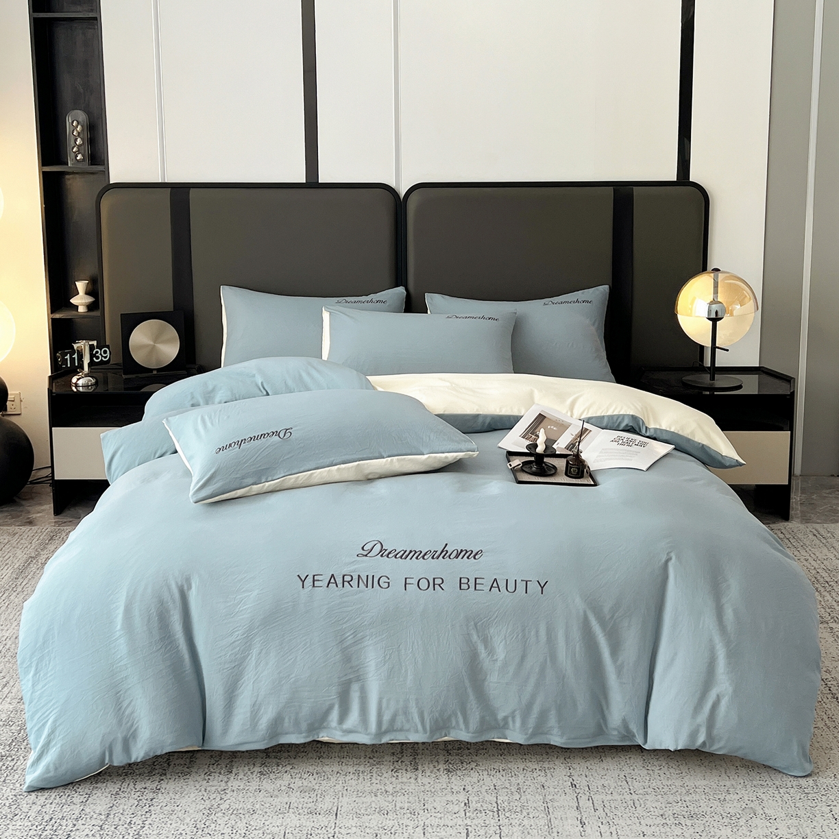 鑫利来家纺 2026新款水洗云朵棉刺绣四件套纯色双拼水洗磨毛简约字母刺绣四件套 慕斯-海清+奶白