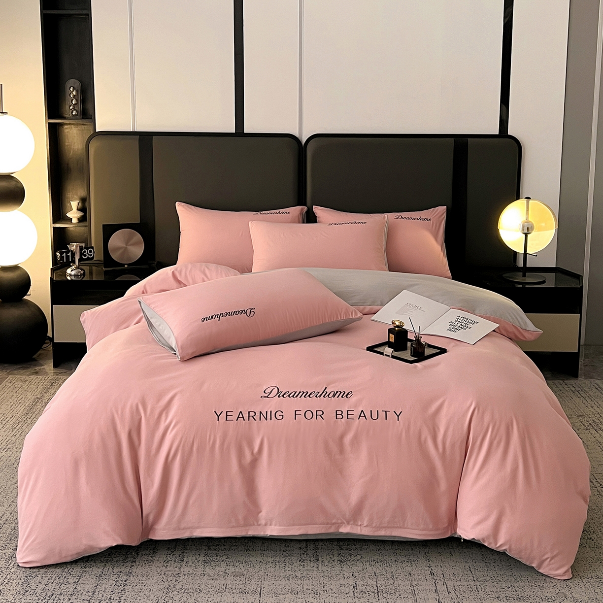 鑫利来家纺 2026新款水洗云朵棉刺绣四件套纯色双拼水洗磨毛简约字母刺绣四件套 慕斯-豆沙+山灰