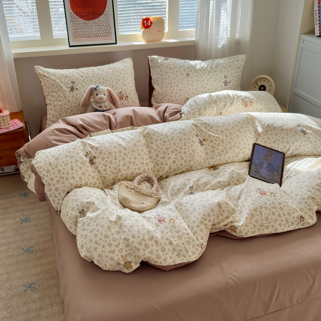 91家纺网 家纺一手货源 找家纺 德比尔斯  2026新款古法水洗仿棉云感棉小布袋四件套 小伙伴