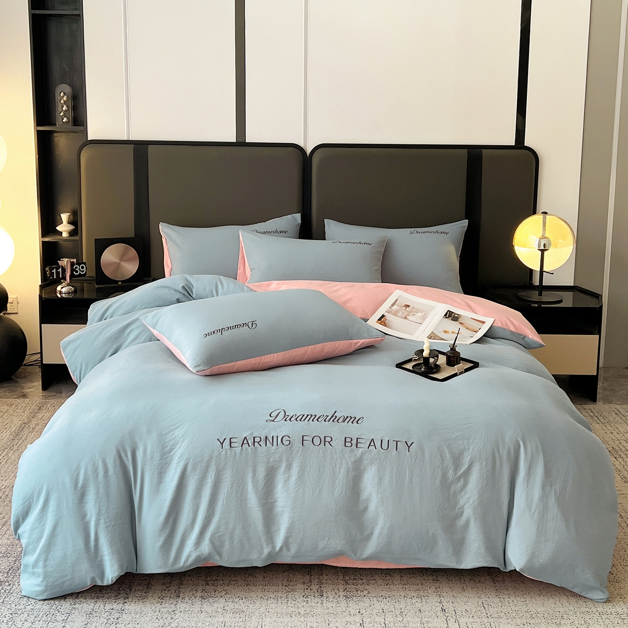 鑫利来家纺 2026新款水洗云朵棉刺绣四件套纯色双拼水洗磨毛简约字母刺绣四件套 慕斯-海清+香叶粉