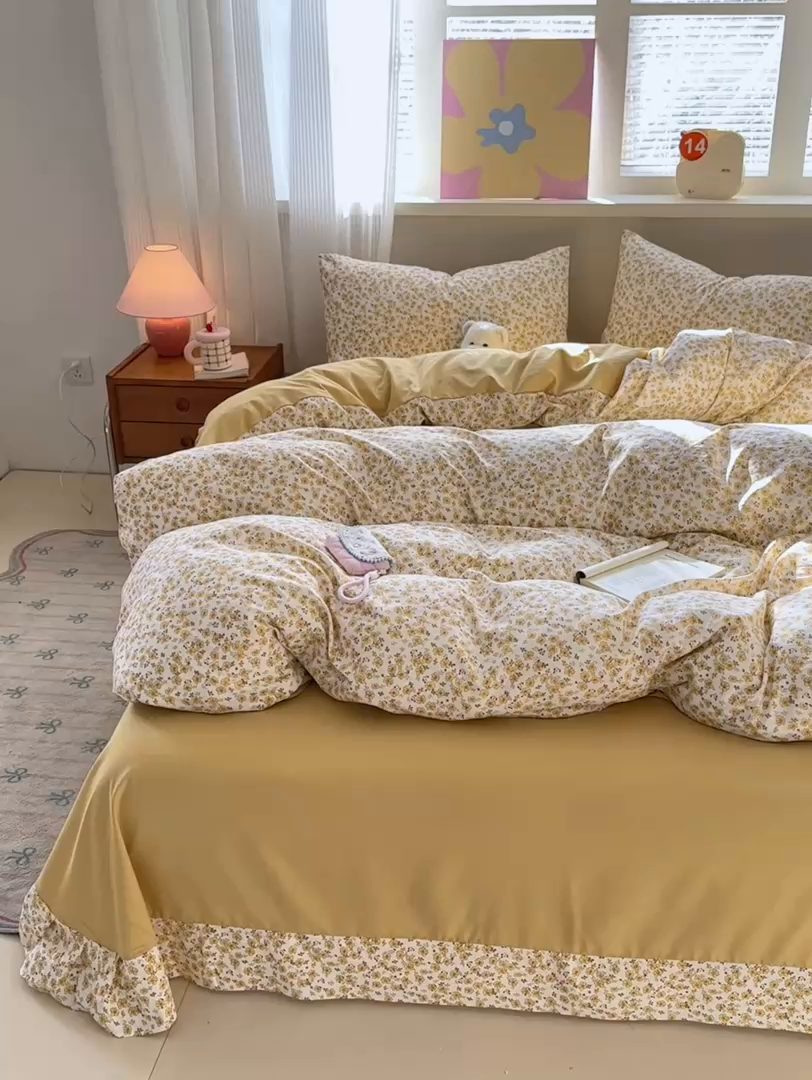 91家纺网 家纺一手货源 找家纺 德比尔斯  2026新款古法水洗仿棉云感棉小布袋四件套 阳光花园