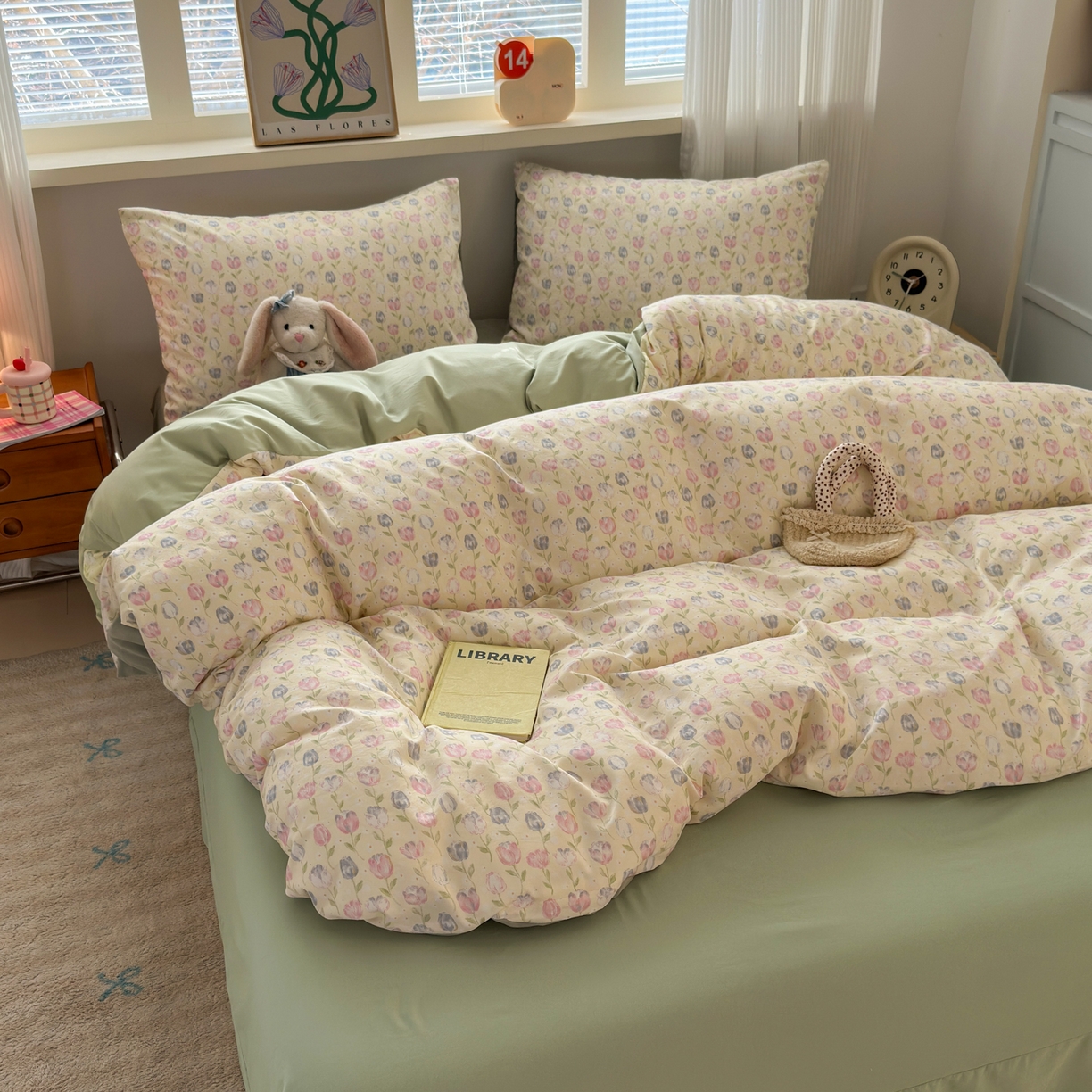 91家纺网 家纺一手货源 找家纺 德比尔斯  2026新款古法水洗仿棉云感棉小布袋四件套 郁金花海