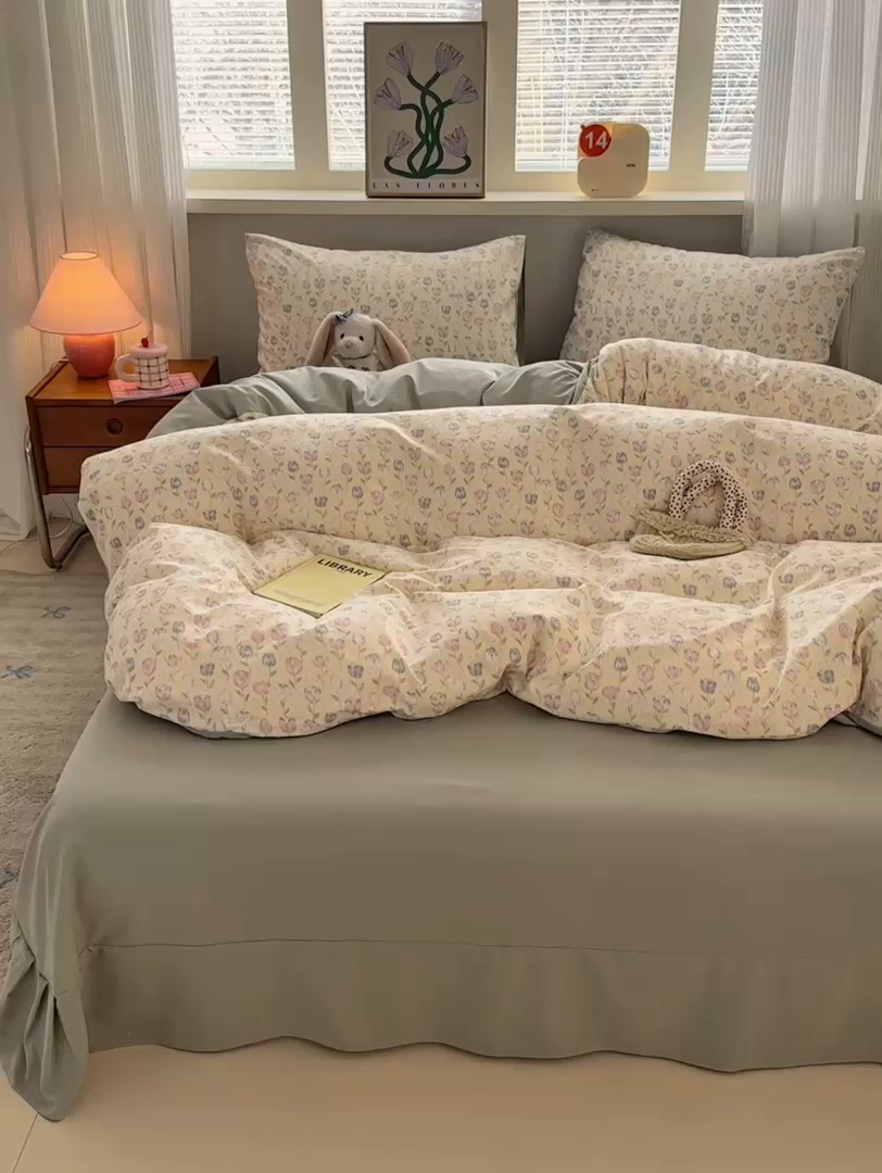 91家纺网 家纺一手货源 找家纺 德比尔斯  2026新款古法水洗仿棉云感棉小布袋四件套 郁金花海