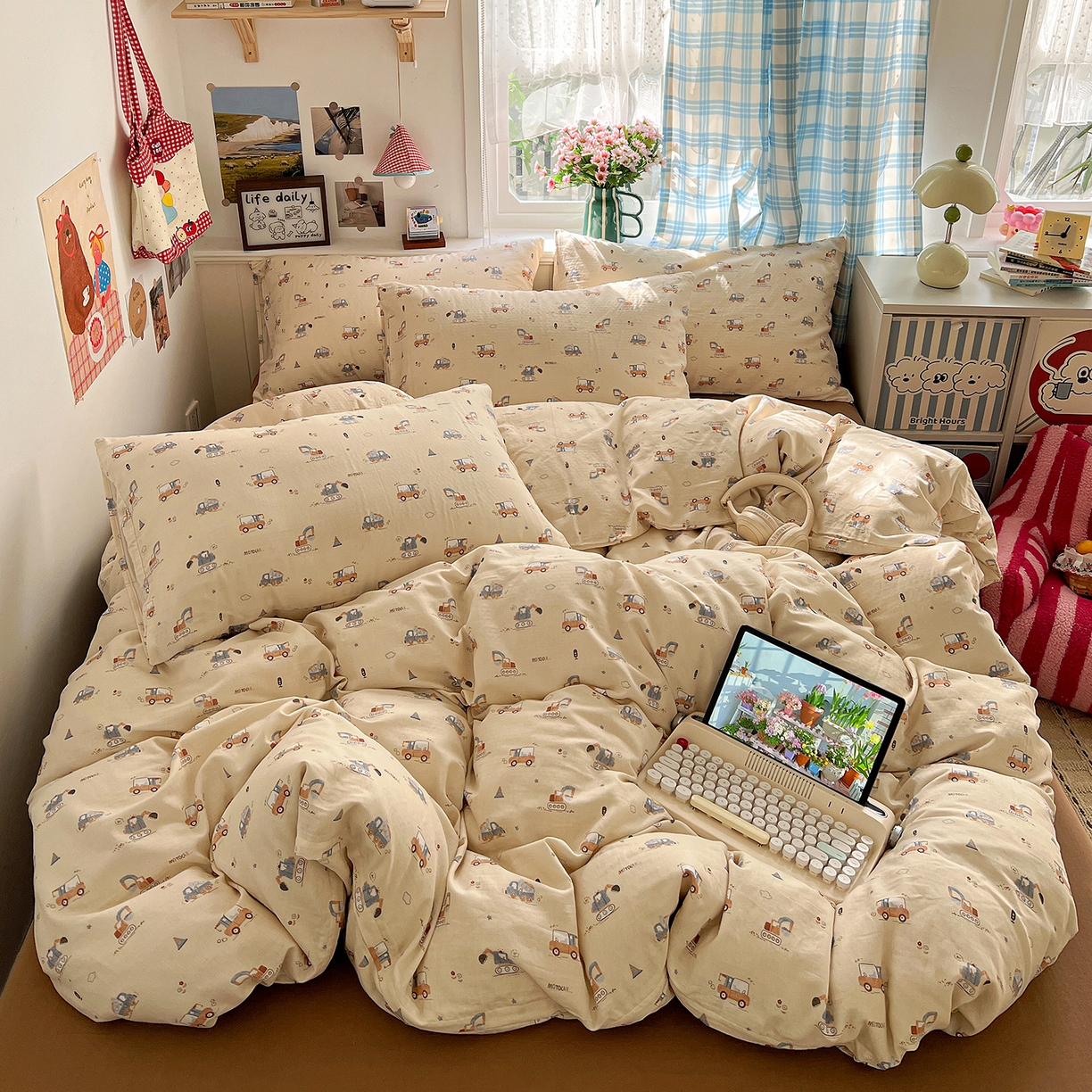 91家纺网 家纺一手货源 找家纺 焱博家纺 2026新款A类全棉双层纱系列单被套 工程车小队