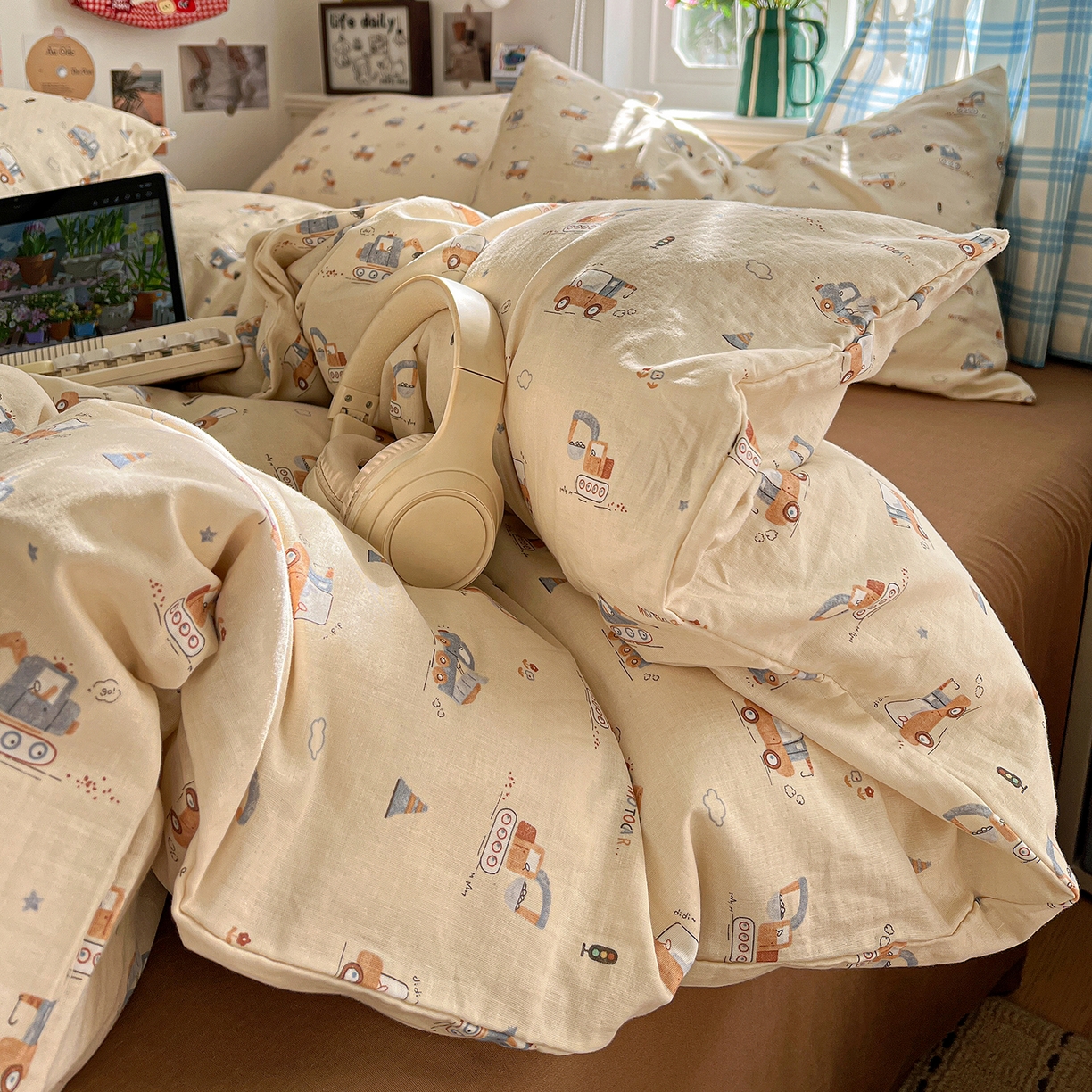 91家纺网 家纺一手货源 找家纺 焱博家纺 2026新款A类全棉双层纱系列单被套 工程车小队