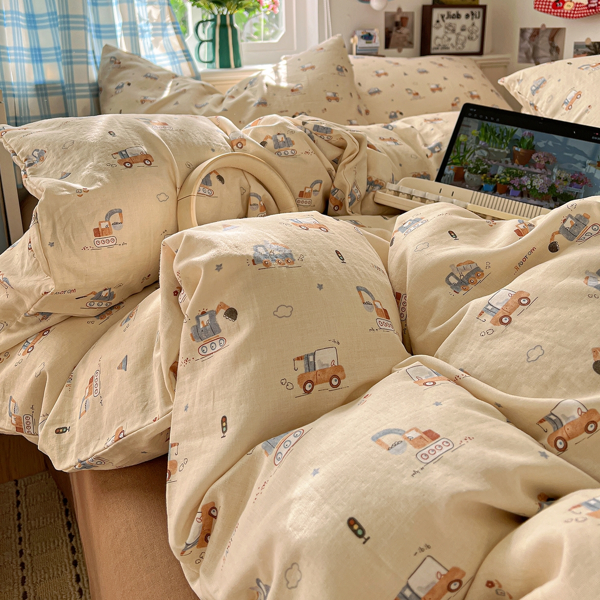 91家纺网 家纺一手货源 找家纺 焱博家纺 2026新款A类全棉双层纱系列单被套 工程车小队