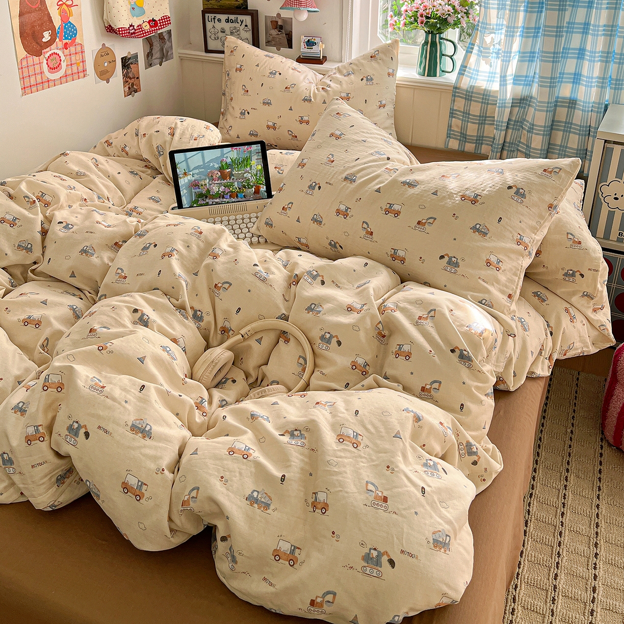 91家纺网 家纺一手货源 找家纺 焱博家纺 2026新款A类全棉双层纱系列单被套 工程车小队