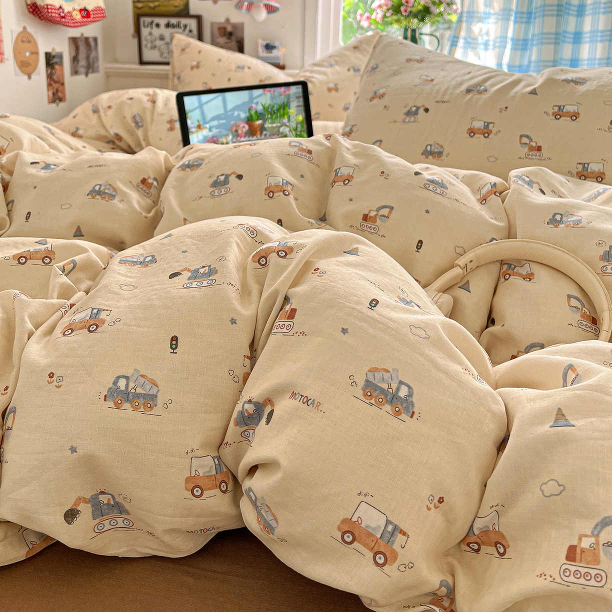 91家纺网 家纺一手货源 找家纺 焱博家纺 2026新款A类全棉双层纱系列单被套 工程车小队