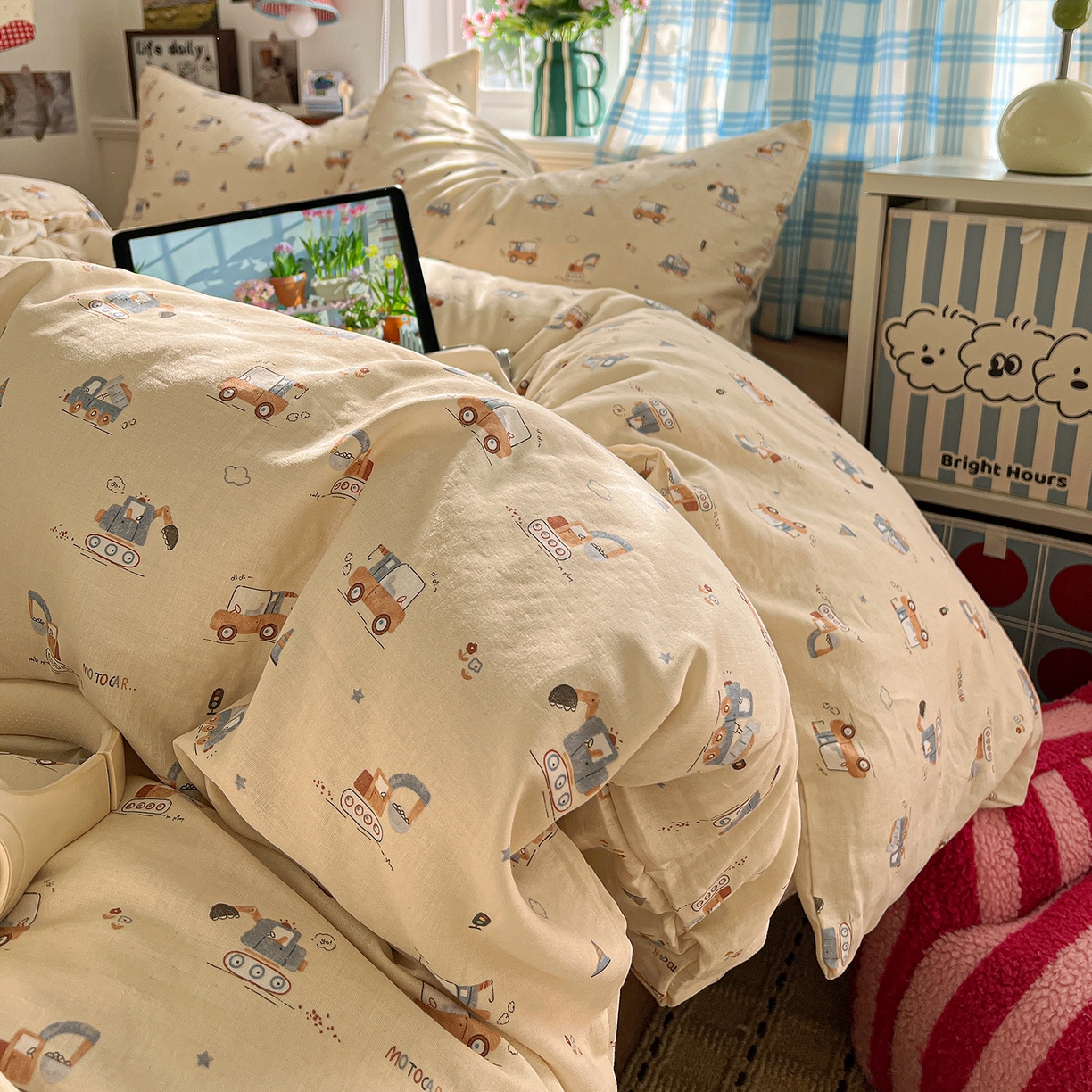 91家纺网 家纺一手货源 找家纺 焱博家纺 2026新款A类全棉双层纱系列单被套 工程车小队