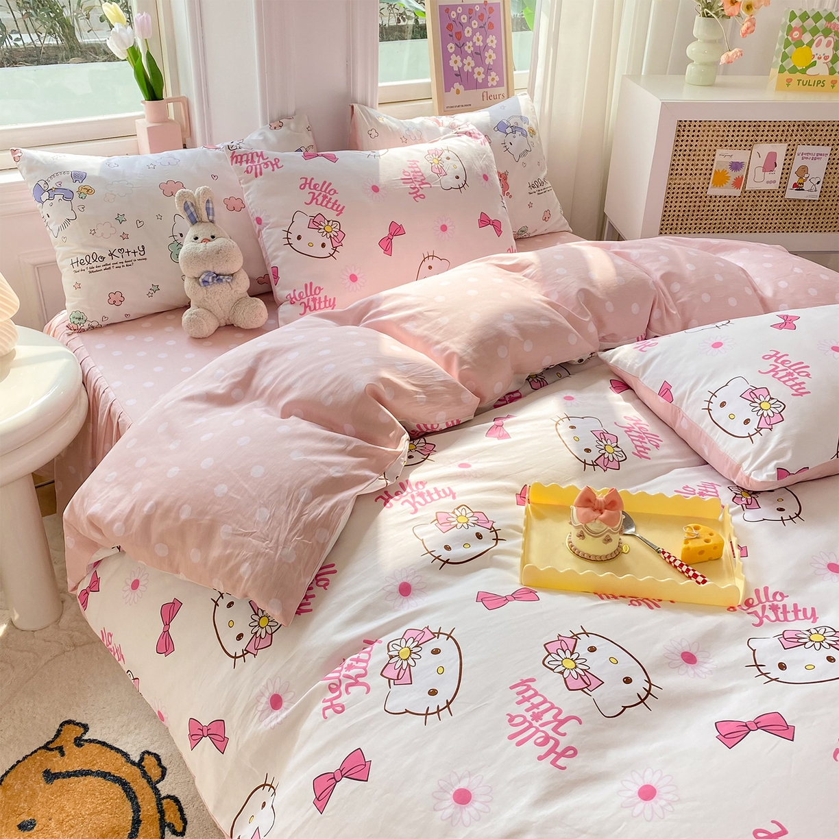 91家纺网 家纺一手货源 找家纺 玉元坊 2026新款正版授权三丽鸥系列全棉纯棉床单四件套学生三件套-凯蒂猫系列 雏菊kt【简约款】