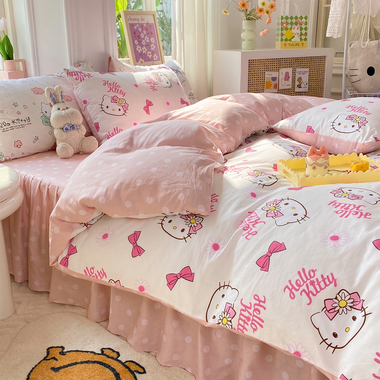 91家纺网 家纺一手货源 找家纺 玉元坊 2026新款正版授权三丽鸥系列全棉纯棉床单四件套学生三件套-凯蒂猫系列 雏菊kt【简约款】