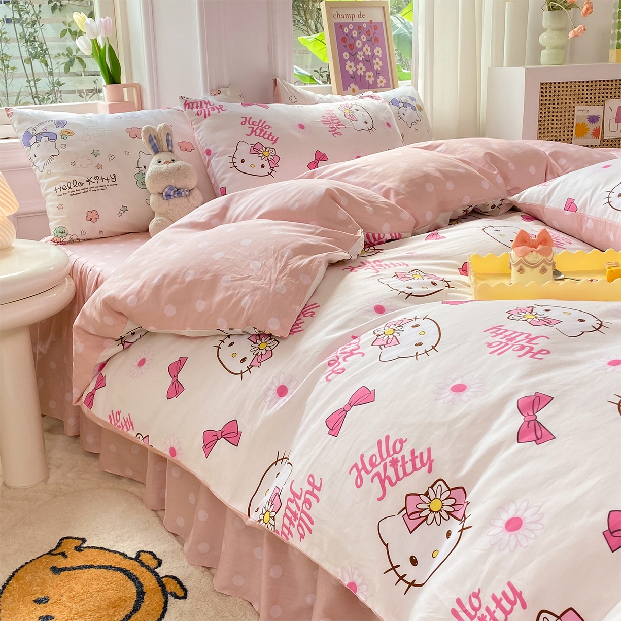 91家纺网 家纺一手货源 找家纺 玉元坊 2026新款正版授权三丽鸥系列全棉纯棉床单四件套学生三件套-凯蒂猫系列 雏菊kt【简约款】