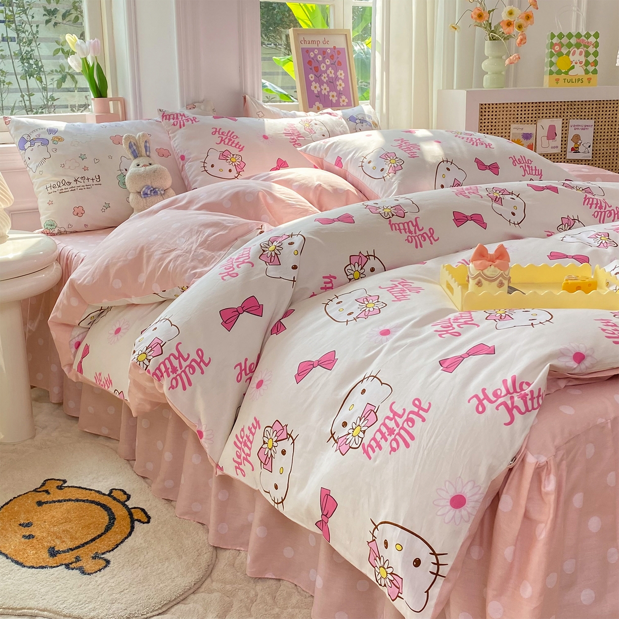 91家纺网 家纺一手货源 找家纺 玉元坊 2026新款正版授权三丽鸥系列全棉纯棉床单四件套学生三件套-凯蒂猫系列 雏菊kt【简约款】