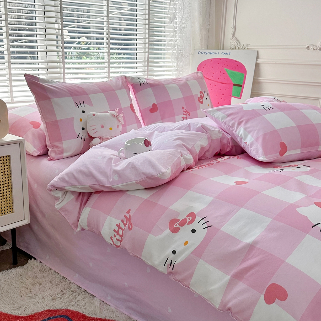 91家纺网 家纺一手货源 找家纺 玉元坊 2026新款正版授权三丽鸥系列全棉纯棉床单四件套学生三件套-凯蒂猫系列 告白KT猫【简约款】