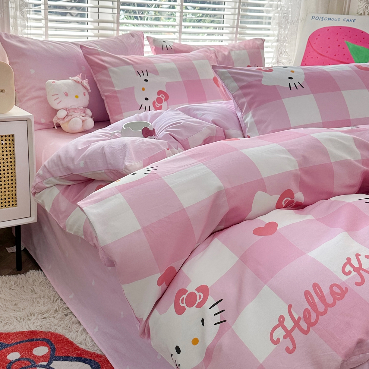 91家纺网 家纺一手货源 找家纺 玉元坊 2026新款正版授权三丽鸥系列全棉纯棉床单四件套学生三件套-凯蒂猫系列 告白KT猫【简约款】