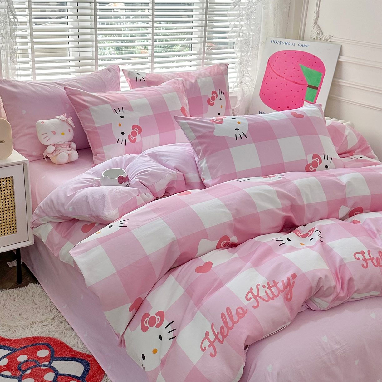 91家纺网 家纺一手货源 找家纺 玉元坊 2026新款正版授权三丽鸥系列全棉纯棉床单四件套学生三件套-凯蒂猫系列 告白KT猫【简约款】