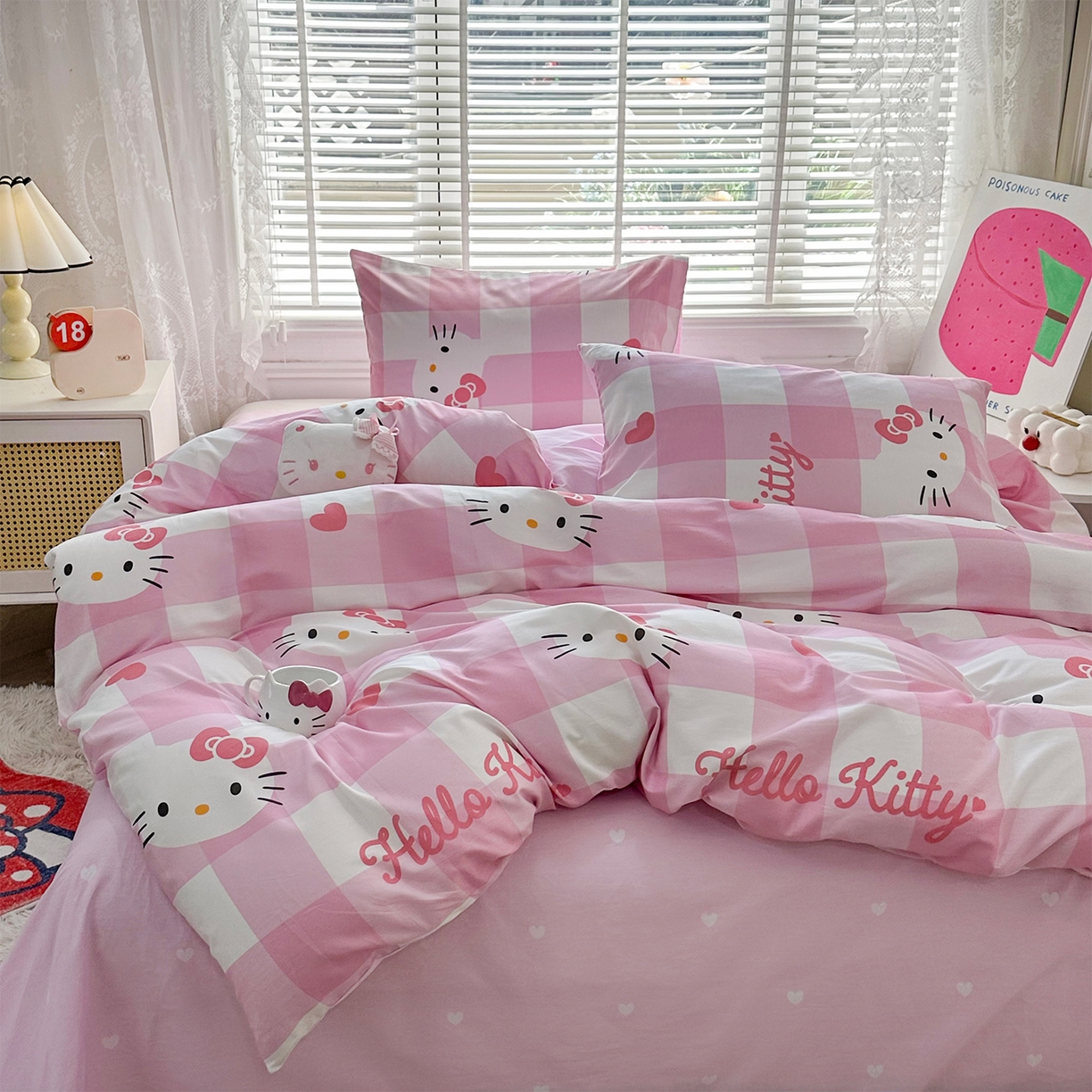 91家纺网 家纺一手货源 找家纺 玉元坊 2026新款正版授权三丽鸥系列全棉纯棉床单四件套学生三件套-凯蒂猫系列 告白KT猫【简约款】