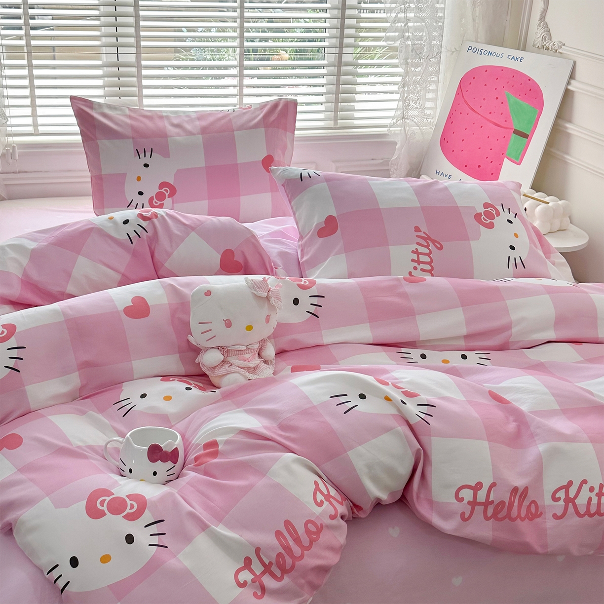 91家纺网 家纺一手货源 找家纺 玉元坊 2026新款正版授权三丽鸥系列全棉纯棉床单四件套学生三件套-凯蒂猫系列 告白KT猫【简约款】