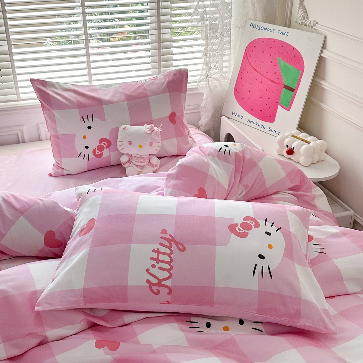 91家纺网 家纺一手货源 找家纺 玉元坊 2026新款正版授权三丽鸥系列全棉纯棉床单四件套学生三件套-凯蒂猫系列 告白KT猫【简约款】