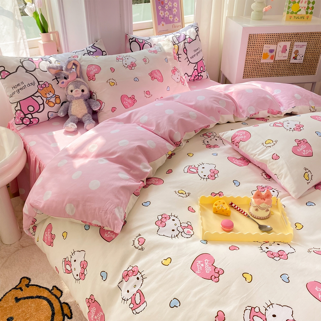 91家纺网 家纺一手货源 找家纺 玉元坊 2026新款正版授权三丽鸥系列全棉纯棉床单四件套学生三件套-凯蒂猫系列 公主kt【简约款】