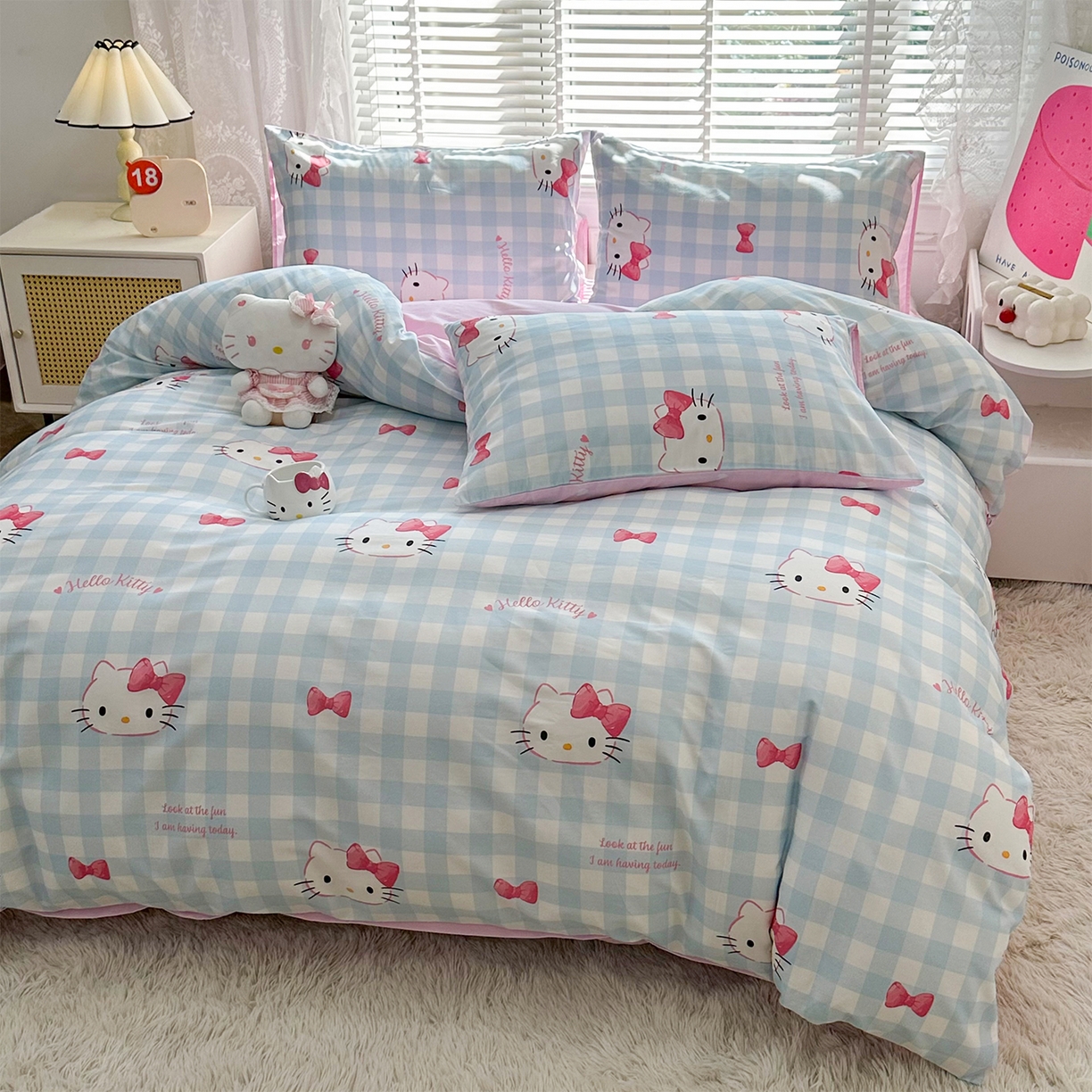 91家纺网 家纺一手货源 找家纺 玉元坊 2026新款正版授权三丽鸥系列全棉纯棉床单四件套学生三件套-凯蒂猫系列 乖巧KT【简约款】