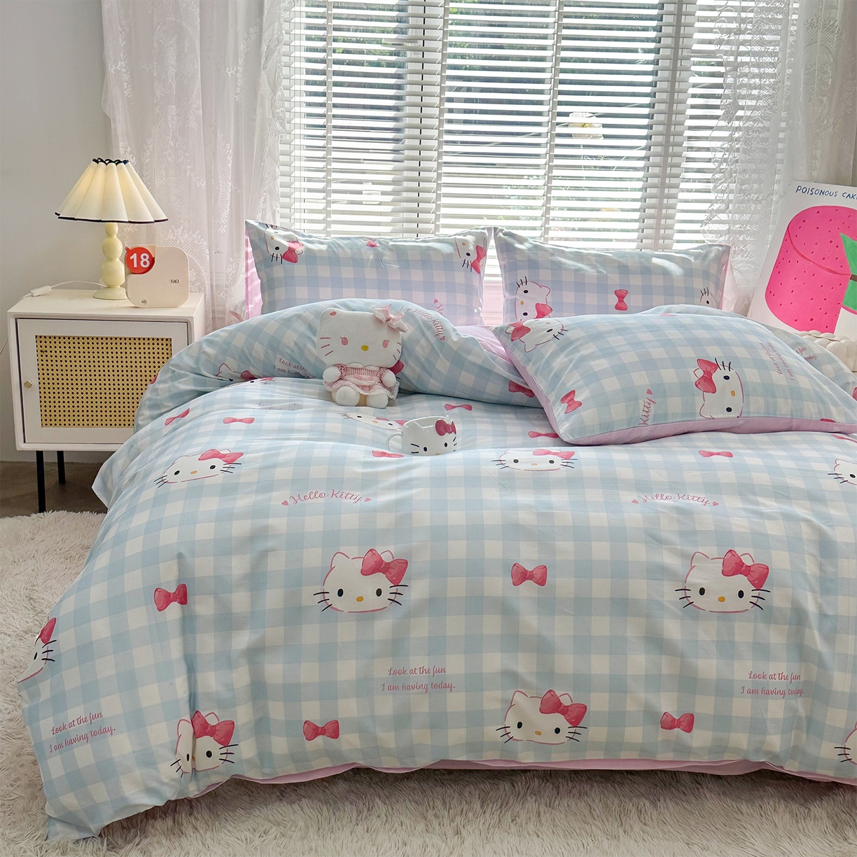 91家纺网 家纺一手货源 找家纺 玉元坊 2026新款正版授权三丽鸥系列全棉纯棉床单四件套学生三件套-凯蒂猫系列 乖巧KT【简约款】