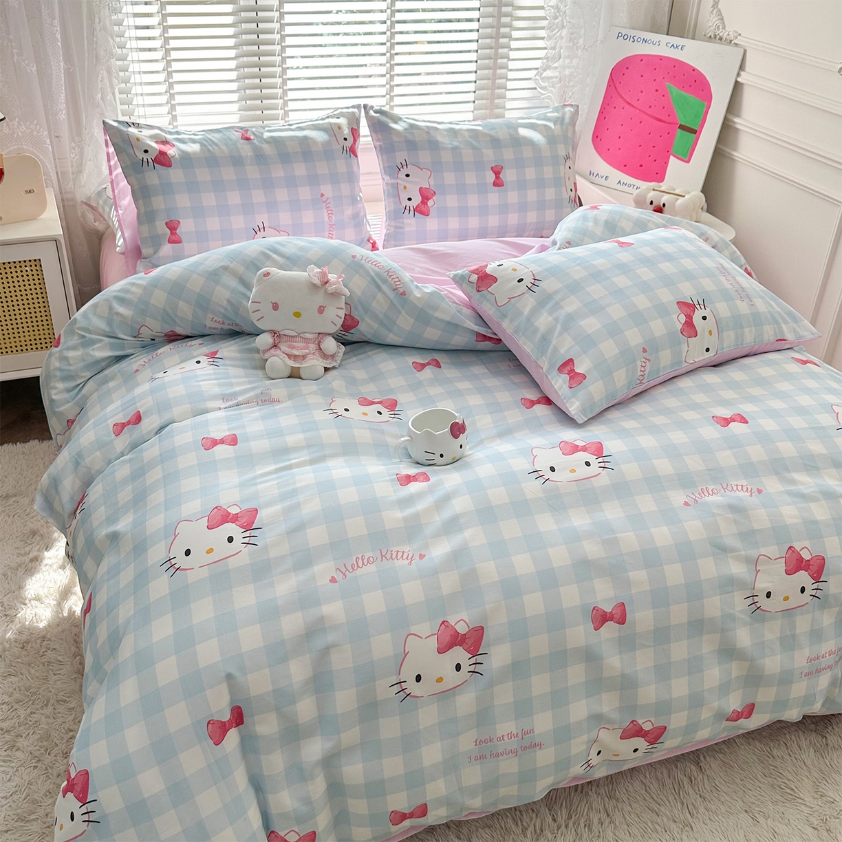 91家纺网 家纺一手货源 找家纺 玉元坊 2026新款正版授权三丽鸥系列全棉纯棉床单四件套学生三件套-凯蒂猫系列 乖巧KT【简约款】