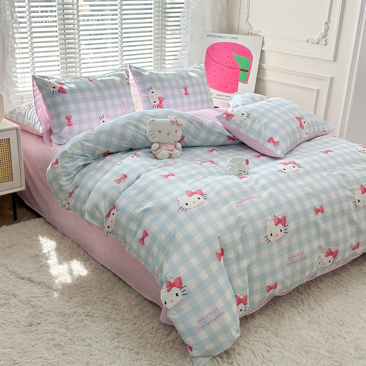 91家纺网 家纺一手货源 找家纺 玉元坊 2026新款正版授权三丽鸥系列全棉纯棉床单四件套学生三件套-凯蒂猫系列 乖巧KT【简约款】