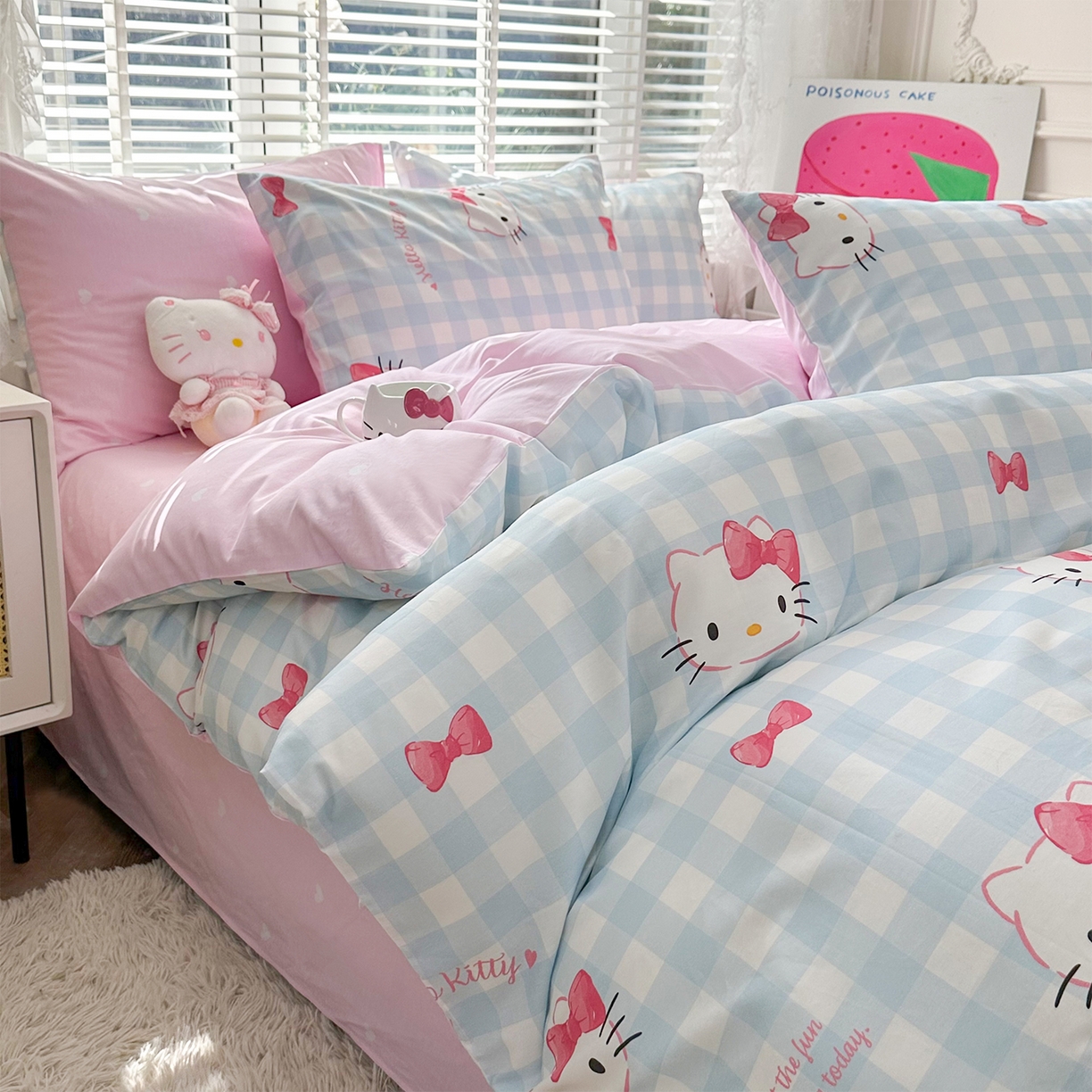 91家纺网 家纺一手货源 找家纺 玉元坊 2026新款正版授权三丽鸥系列全棉纯棉床单四件套学生三件套-凯蒂猫系列 乖巧KT【简约款】