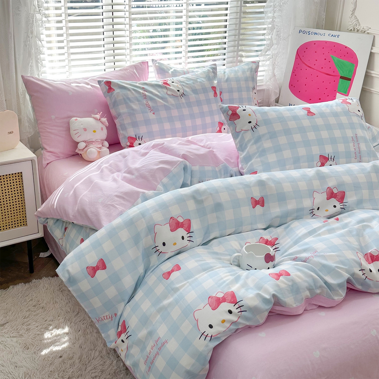 91家纺网 家纺一手货源 找家纺 玉元坊 2026新款正版授权三丽鸥系列全棉纯棉床单四件套学生三件套-凯蒂猫系列 乖巧KT【简约款】