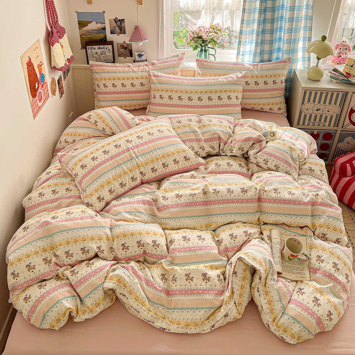 91家纺网 家纺一手货源 找家纺 焱博家纺 2026新款A类全棉双层纱系列单被套 星轨小木马