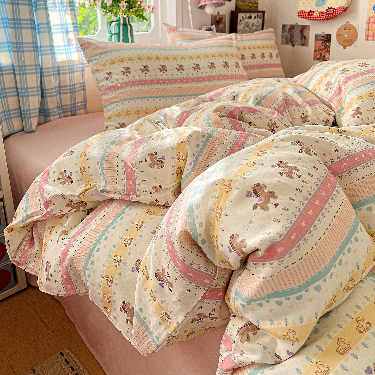 91家纺网 家纺一手货源 找家纺 焱博家纺 2026新款A类全棉双层纱系列单被套 星轨小木马